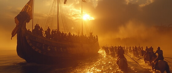 A huge antique trireme decorated with golden symbo_008