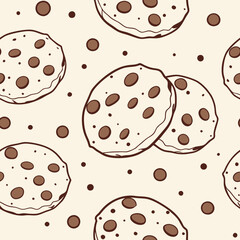 Luxurious seamless pattern with chocolate chip cookies and polka dots in chocolate brown and vanilla, creating a whimsical and elegant design perfect for high-end stationery and baking-themed project
