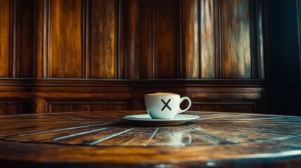 An intriguing coffee cup marked with a cross sits on a rustic wooden table, inviting curiosity and sparking conversations through its unique design and presentation.