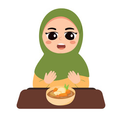 Cute Cartoon Character Praying before Eating