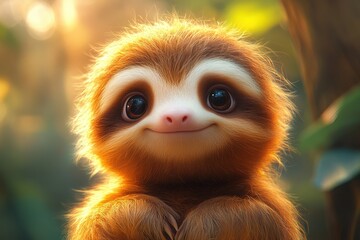 Fototapeta premium Cute sloth smiling in a lush rainforest during golden hour light