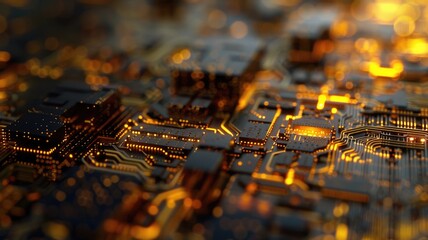 Glowing orange circuit board with detailed lines and patterns on a dark background. Digital art for design. Abstract image of wireframe or motherboard with glowing color with electronic parts. AIG53.