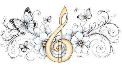 Naklejka premium Elegant Treble Clef with Butterflies and Flowers Artistic Design Illustration