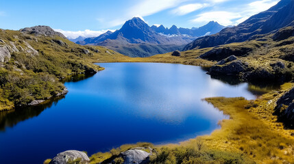 Nestled amidst towering peaks, a tranquil mountain lake reflects the sky's hues, surrounded by lush greenery and unspoiled terrain, inviting moments of peaceful contemplation