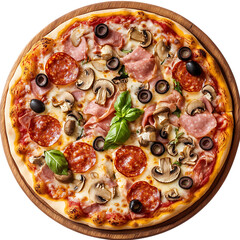 Delicious pizza with ham, salami, sausages, mushrooms, mozzarella, olives and tomato sauce, isolated