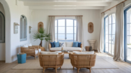Fototapeta premium A blurred photo of a modern coastal living room interior, perfect for virtual Zoom meeting video call backgrounds or wallpapers.
