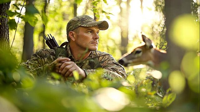 Hunter watches deer in forest at dawn