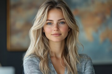 Obraz premium Portrait of a smiling young woman with long blonde hair in a modern indoor setting