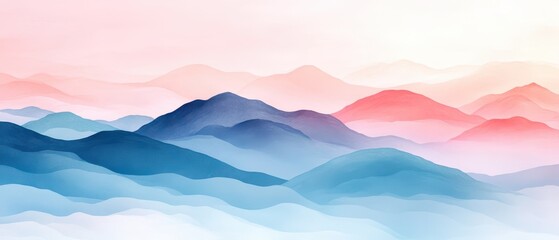 Soft pastel Seigaiha waves overlaid with misty mountain silhouettes, evoking a serene landscape