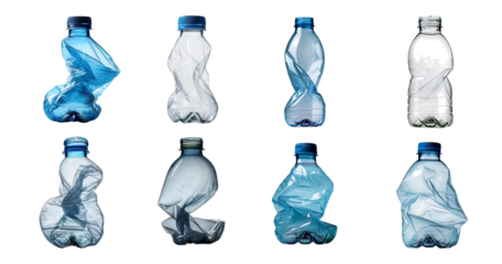Assorted Crumpled Plastic Bottles in Various Shapes and Colors, Bundle Set Collection, Isolated on Transparent Background