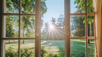 A tranquil sunrise scene of a lush green field and clear blue sky viewed through an open window © Oleg