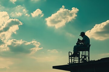 Obraz premium A Skilled Worker Paying Attention to Detail While Sitting on a Rooftop, Silhouetted Against a Dramatic Cloudy Sky During Sunset, Creating an Inspirational Scene of Hard Work