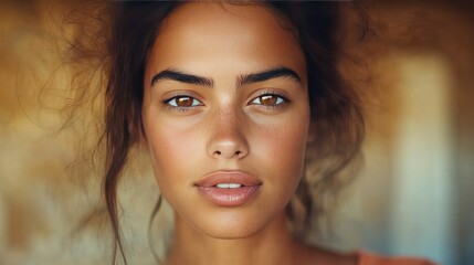 Naklejka premium Close-Up Portrait of a Young Woman with Natural Beauty and Striking Eyes