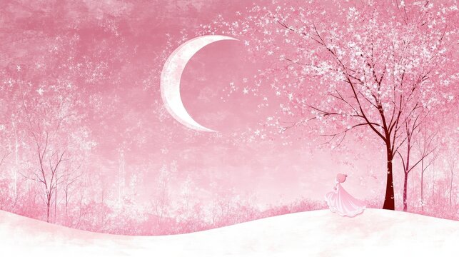 Dreamy Pink Landscape with Crescent Moon and Cherry Blossom Tree at Twilight