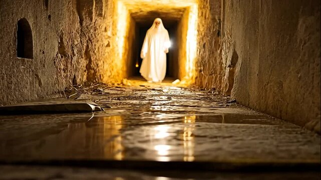 White robed figure walking tunnel, stone walls, wet floor
