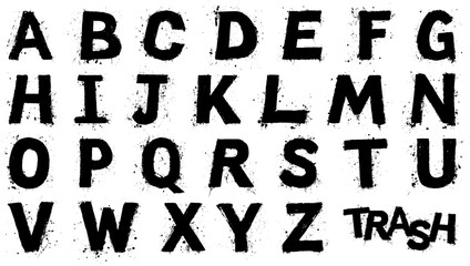 Alphabet en style grunge avec effet d&rsquo;&eacute;claboussure sur fond blanc