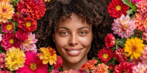 Portrait of a beautiful African or African American woman among flowers in retro style