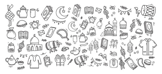 Set of vector doodle element related to Eid Mubarak and Ramadan. Set of hand drawn symbols and icons for holy Muslim festival Eid ul-Fitr