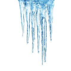 Long, blue, crystal-clear icicles, isolated