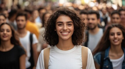 Fototapeta premium Smiling woman in a crowd of people. Concept of diversity, community, and individuality.