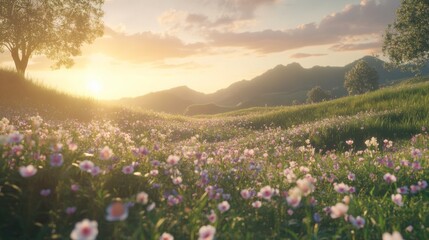 Fototapeta premium Organic Shapes in a Flourishing Meadow at Sunrise