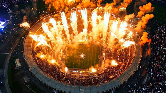 Cinematic fireworks illuminate the stadium in a vibrant display during a nighttime event, Cinematic fireworks going off at stadium aerial shot
