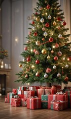 Decorated Christmas tree with presents and ornaments, ornaments, presents