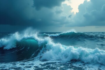 Naklejka premium Turbulent Atlantic waves under brooding clouds , waves, view