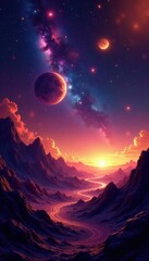 Abstract galactic landscape, gold & purple hues, celestial bodies , ethereal, painting