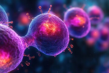 Colorful microscopic view showcasing vibrant cells interacting in a biological environment