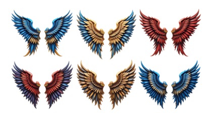 Colorful angel wings in blue red and gold detailed design