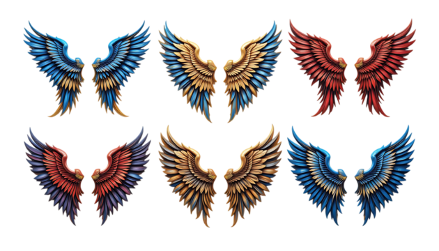 Colorful angel wings in blue red and gold detailed design