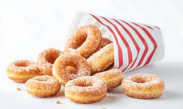 mini apple cider donuts in a small white and red striped paper bag, Generative AI