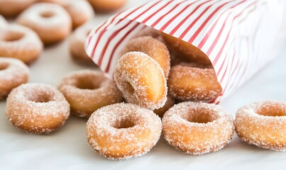 mini apple cider donuts in a small white and red striped paper bag, Generative AI