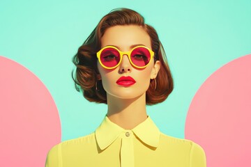 Vibrant Retro Fashion Portrait of Stylish Woman in Bold Sunglasses Against Colorful Backdrop
