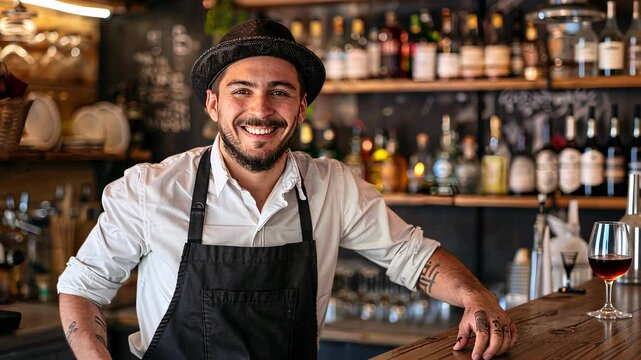 happy bartender on bar background