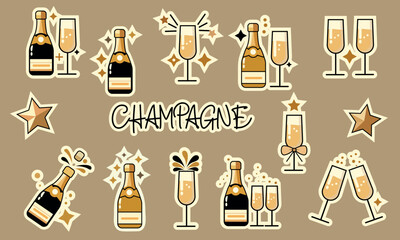 A set of festive champagne stickers featuring glasses and bottles. Vector illustration