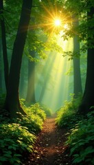 Obraz premium Golden sunlight streams through emerald canopy, dappling forest floor , pine, beams, ecology