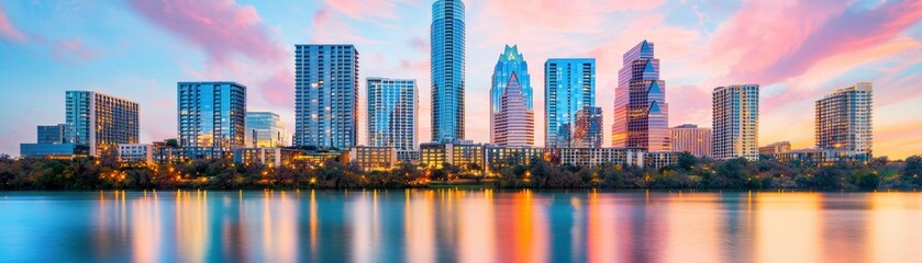 Austin Texas skyline at sunset with colorful sky reflecting in the water.