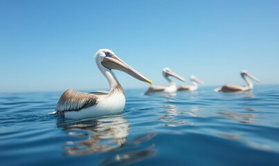 Three Pelicans Swimming in Calm Blue Ocean Water Under Clear Sky