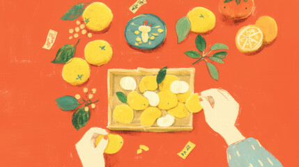 Obraz premium Artistic Illustration of Hands Arranging Citrus Fruits and Leaves