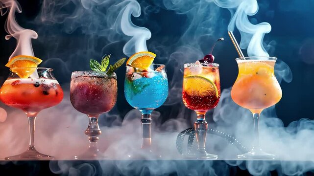 cocktails in smoke close-up