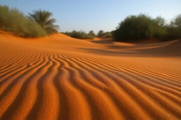 Naklejka premium Serene desert landscape with gentle sand dunes, palm trees in the background under a clear sky