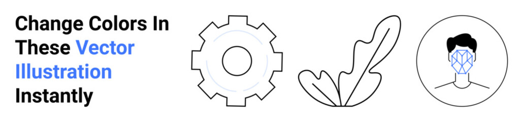 Gear for technology, leaf for nature, face recognition for AI. Ideal for software, environment, artificial intelligence, innovation, biometrics, sustainability flat landing page banner