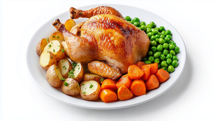 a white circular plate of a traditional roast chicken with roast potatoes, roast carrots, peas realistic food photography, isolated on a white background