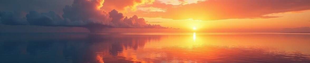 Fototapeta premium Golden hues paint the sky, calm sea reflects vibrant dawn, colors, coast