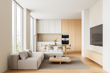 Modern open-plan living room with kitchen and large windows. 3D Rendering