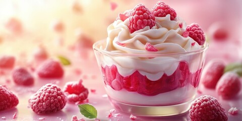 Delicious dessert featuring whipped cream and fresh raspberries served in a glass bowl on a soft pink background