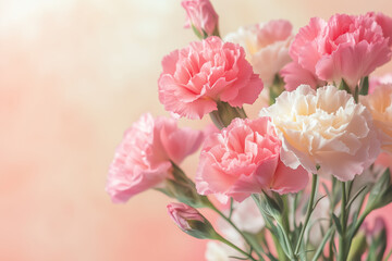 Pink and White Carnation Bouquet. Close-up of pink and white carnations in soft focus, ideal for romantic and spring decorations.