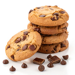 A delicious stack of three chocolate chip cookies, golden brown and filled with melted chocolate chips, isolated on a clean white background.